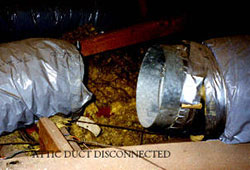 Air duct releasing air into an attic, Corona, Norco, Anaheim, Yorba Linda, Irvine, Mission Viejo, Whittier duct testing