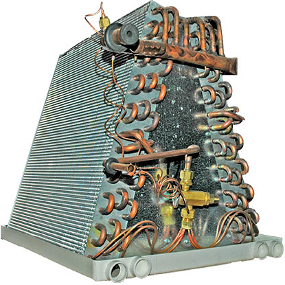 An uncased indoor cooling coil known as an evaporator coil